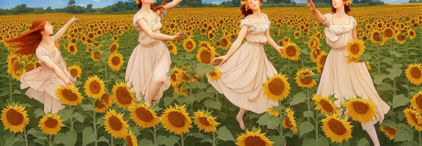 Image similar to beautiful young girl dancing in a fiery dress in a beautiful field of sunflowers and lilies, like leonardo da vinci sketches! in the style of studio ghibli, j. c. leyendecker, greg rutkowski, artgerm