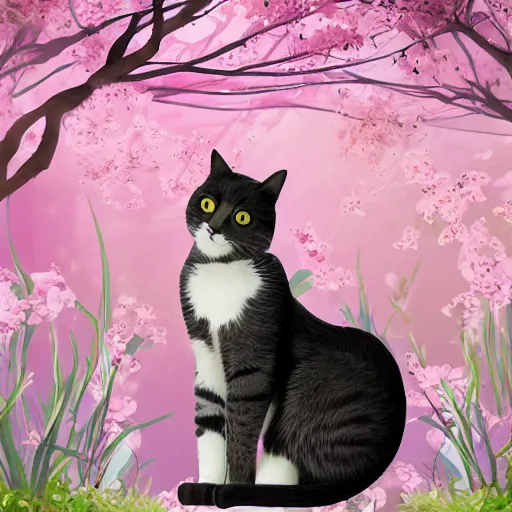 Image similar to photo of a cat in the blossoming garden, professional portfolio of a cat, trending on artstation, super detailed, everything in a beautiful light, stylishly designed background, fantasy art, photoshop