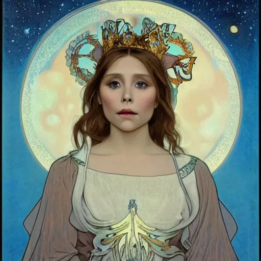 Prompt: elizabeth olsen portrait by louis - theophile hingre and alphonse mucha, realistic, sharp focus, zodiac signs, tarot cards, planets, ethereal, art nouveau, magic, moon, sun, crown, dreamy, royal, jewellery