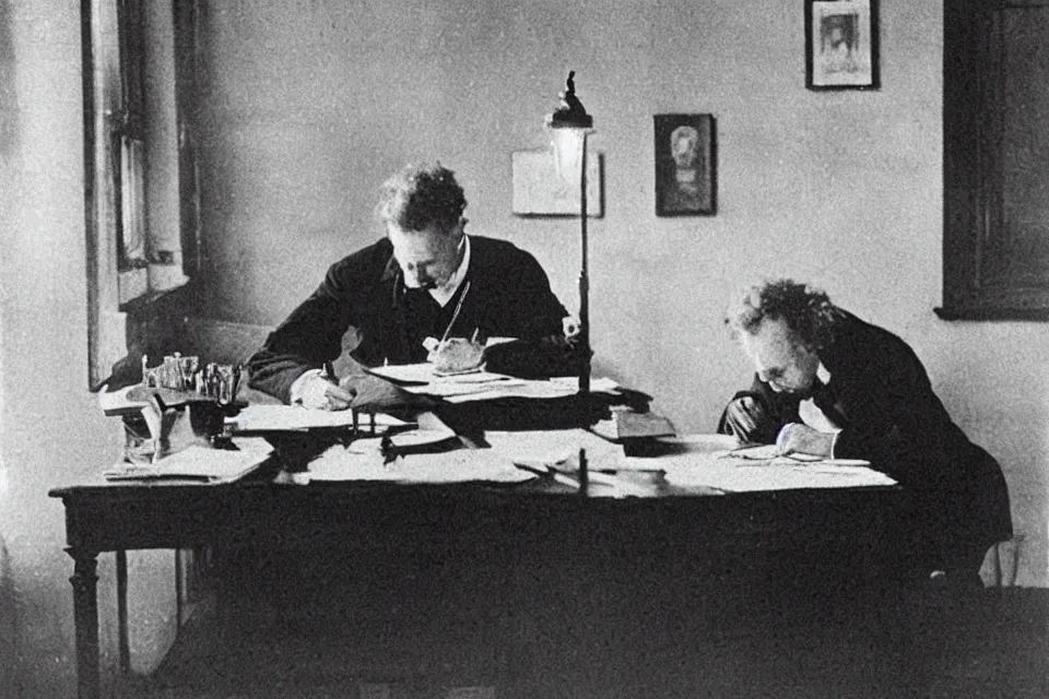 Prompt: august strindberg writing alone at a secretary desk in a small viennese apartment, night time, alone, lamplight, victorian era, depth of field, very detailed, highly accurate, intricate