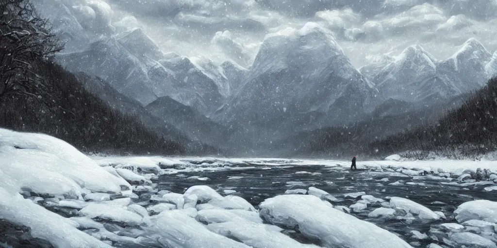 Image similar to A majestic landscape featuring a river, mountains and a forest. A small group of birds is flying in the sky. Harsh winter. very windy. There is a man walking in a deep snow.Camera is closely following the man. Cinematic, very beautiful, painting in the style of Lord of the rings