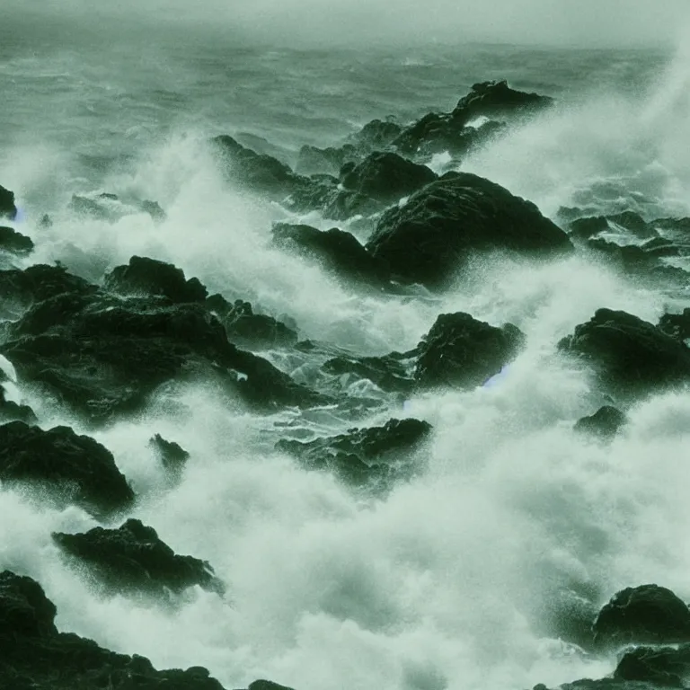 Image similar to dark and moody 1 9 7 0's artistic technicolor spaghetti western film, a large huge group of women in a giant billowing wide long flowing waving white dresses, standing inside a green mossy irish rocky scenic landscape, crashing waves and sea foam, volumetric lighting, backlit, moody, atmospheric, fog, extremely windy, soft focus