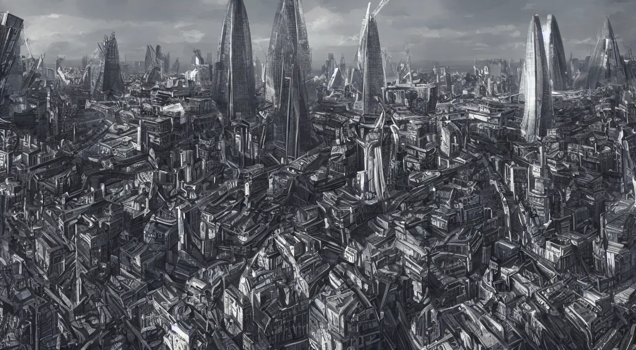 Image similar to the london skyline in the year 2 0 7 7. landmarks, highly detailed, artstation, concept art, matte, sharp focus, hyper realism, photorealistic, cinematic