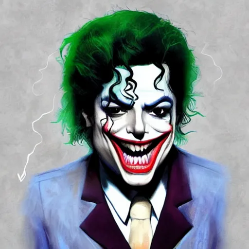 Prompt: michael jackson as the joker laugh on camera. symmetrical anatomy, hyperdetailed, coloured comic, baroque, pop art style, fantasy, without duplication, art by ilya kuvshinov and andy warhol and vinicius gud and gustavo zambelli, intricate, trending artstation, dribble popular.