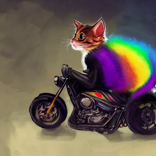 Image similar to wide angle full body, jacket wearing fluffy cute rainbow kitten wearing a black leather motorcycle jacket, riding on a motorcycle, cinematic concept art