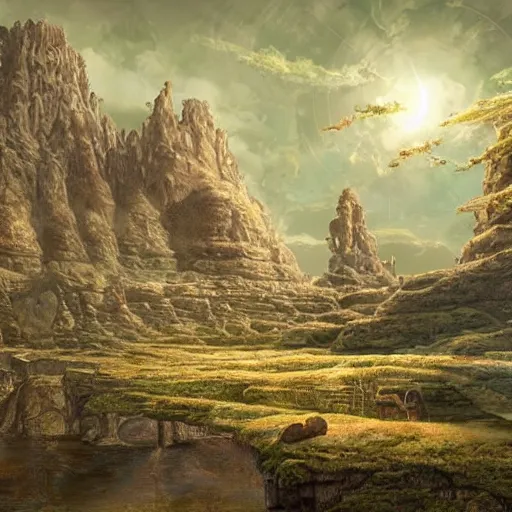 Prompt: large landscapes from another world, beautiful depiction, very detailed and weird animals, enhance lighting, strange buildings from ancient civilizations