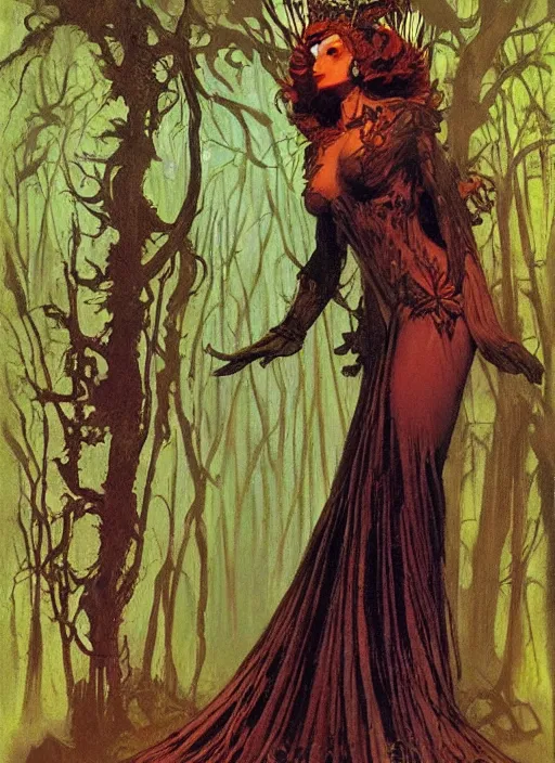Image similar to mighty fey queen, vine dress, glowing forest, strong line, eerie color, beautiful! coherent! by frank frazetta, by brom