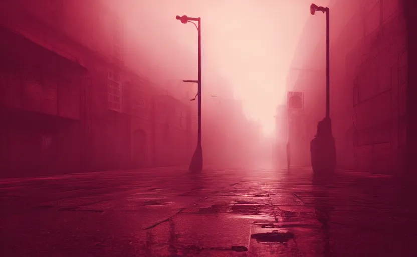 Image similar to red night street, gloomy and foggy atmosphere, octane render, artstation trending, horror scene, highly detailded