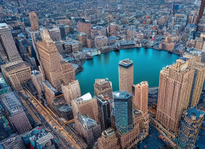 Image similar to a giant lake in the middle of times square, birds eye photograph, 8 k resolution, sharp focus, wide angle, hyper - detailed, 8 5 mm photograph