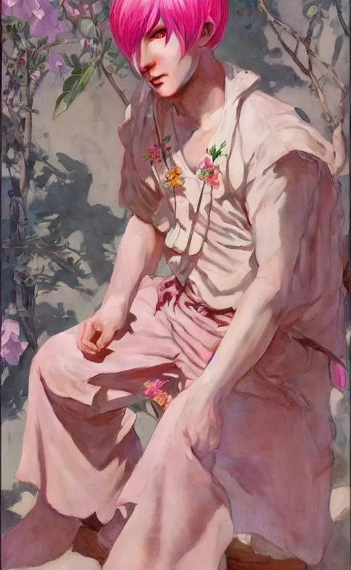 Prompt: androgynous cute pink haired yoongi wearing greek clothes, muted colors, colorful flowers, tropical, sunlight filtering through skin, j. c leyendecker, by alan lee, wlop! illustrated by starember, fantasy art by craig mullins cfg _ scale 8