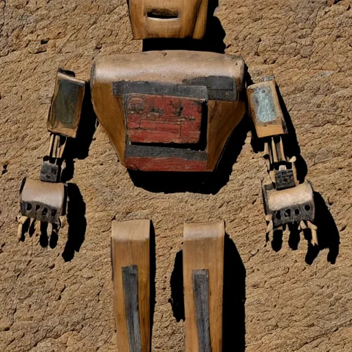 Image similar to ancient robot made of wood and clay. Historic photo from archaeological site 4K