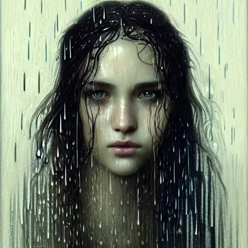 Image similar to portrait of a girl in the rain with wet hair and face, fantasy, intricate, elegant, dramatic lighting, emotionally evoking symbolic metaphor, highly detailed, lifelike, photorealistic, digital painting, artstation, concept art, smooth, sharp focus, illustration, art by John Collier and Albert Aublet and Krenz Cushart and Artem Demura and Alphonse Mucha