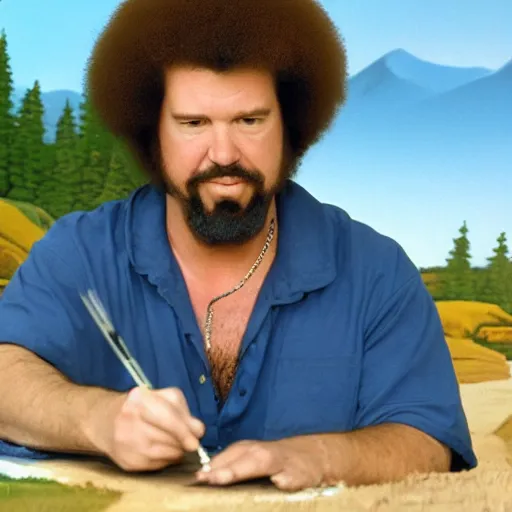 Image similar to a closeup photorealistic photograph of bob ross working on an image of kenny powers autographing a baseball, painting on a canvas. mountains and trees. film still. brightly lit scene. this 4 k hd image is trending on artstation, featured on behance, well - rendered, extra crisp, features intricate detail, epic composition and the style of unreal engine.