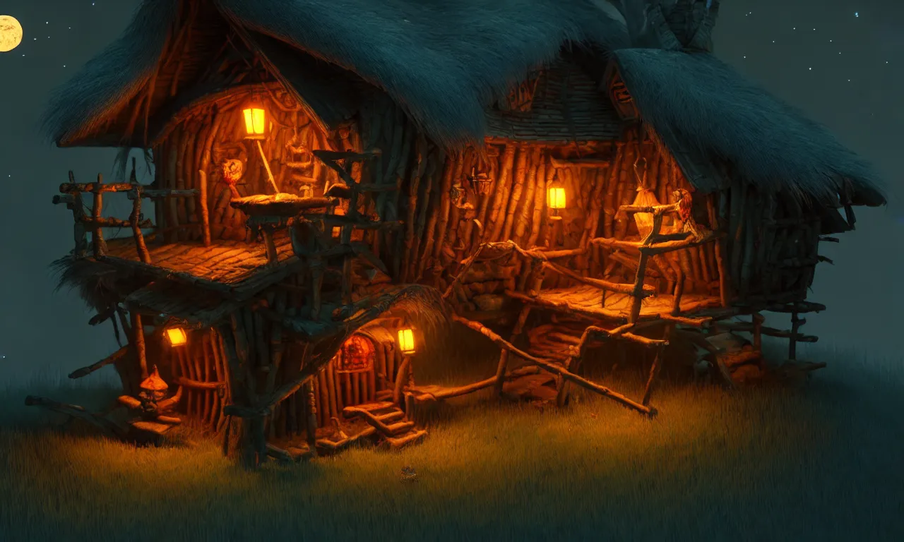 Prompt: Baba Yaga's hut, night, very detailed. by Moebius, James Paick, artstation, 4k, unreal engine 5