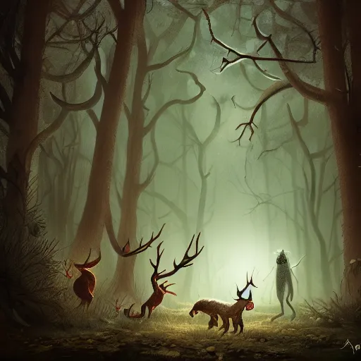 Prompt: Creatures never seen before in a creepy dark forest, digital art, trending on artstation