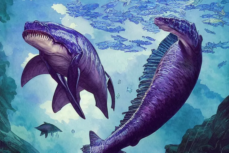 Image similar to an ichthyosaurus swimming among fish in a deep purple and blue ocean of evil intent, water color, art by artgerm and greg rutkowski and alphonse mucha and jin xiaodi and anthony devine