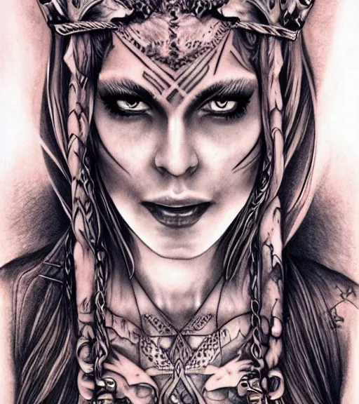 Image similar to tattoo design of a hyper realistic beautiful girl warrior, hyper detailed, inspired by eliot kohek, on white background