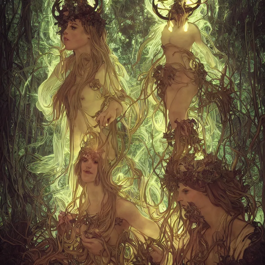 Image similar to bioluminescent glowing pagan god with horns in very dark forest by artgerm and alphonse mucha, portrait, fantasy, clear, light beams, lens flare, intense, uhd, amazing depth, cinematic lighting