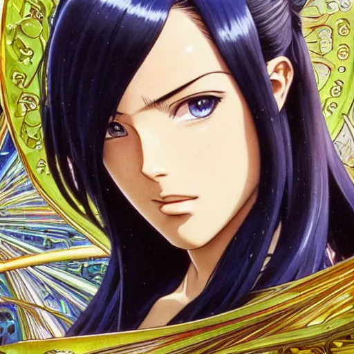 Image similar to highly detailed vfx portrait of nico robin by eiichiro oda!, makoto shinkai, alphonse mucha, sharp focus, art by artgerm and greg rutkowski!, harsh overhead sunlight, blue eyes!!, large aquiline nose!!, stanley kybric, kaoru mori, intricately detailed, best of behance, 4 k, hdr