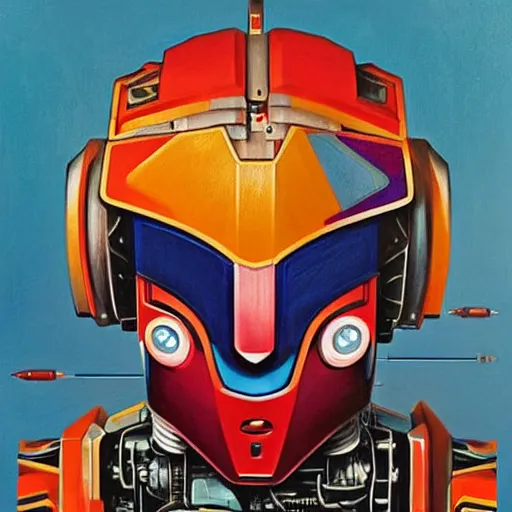 Image similar to portrait of a colourful tribal mecha robot, symmetrical, painting by drew struzan,