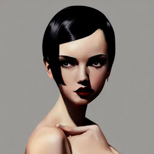 Image similar to slim girl in tuxedo with short black hair, elegant, 2d, ultra highly detailed, digital painting, smooth, sharp focus, artstation, portrait art by Ilya Kuvshinov