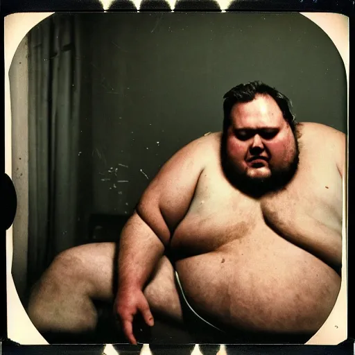 Prompt: a dirty grunge picture with dark and muted colors of a very very fat man in his underwear sitting on the couch drinking beer. an apartment full of dirt with torn wallpaper in the background. photorealistic 1 9 7 0 s polaroid flash photography, complex massive detail.