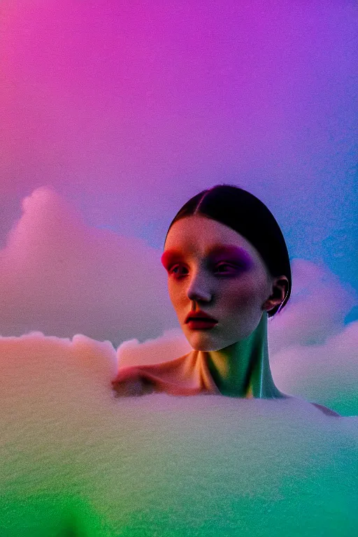 Image similar to high quality pastel coloured film close up wide angle photograph of a model wearing clothing swimming on cloud furniture in a icelandic black rock!! environment in a partially haze filled dreamstate world. three point light, rainbow. photographic production. art directed. pastel colours. volumetric clouds. pastel gradient overlay. waves glitch artefacts. extreme facial clarity. 8 k. filmic.