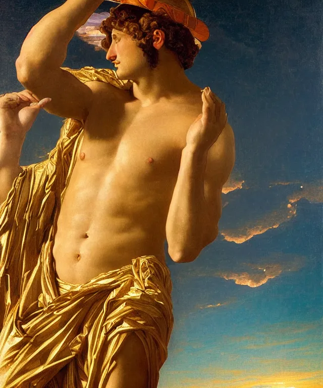 Prompt: a beautifully high detail, intricate, clear detailed portrait of a close up of zeus with an construction hat golden in teal curtain at beautiful sunset daytime nature sunlit nebula background painting by frederic leighton and rosetti, 8 k