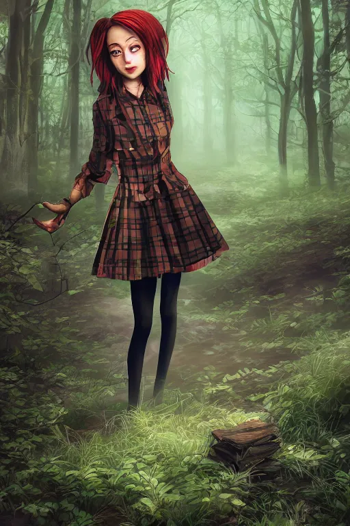 Image similar to sarah humpfrey as a girl in a dark forest, detailed plaid miniskirt, beautiful upper body, detailed face, by dan mumford, anime style, octane render, trending on artstation