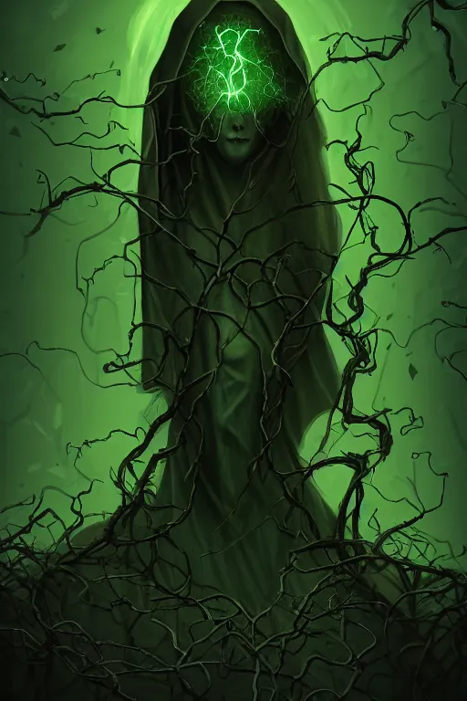 Image similar to A full body portrait of a ghost like character with no face, glowing eyes and a very long hooded dark green cloak made of leaves and vines art by Shaddy Safadi and Jason Chan, ominous, cosmic horror, trending on artstation, Ultra detailed, hyper realistic 4k