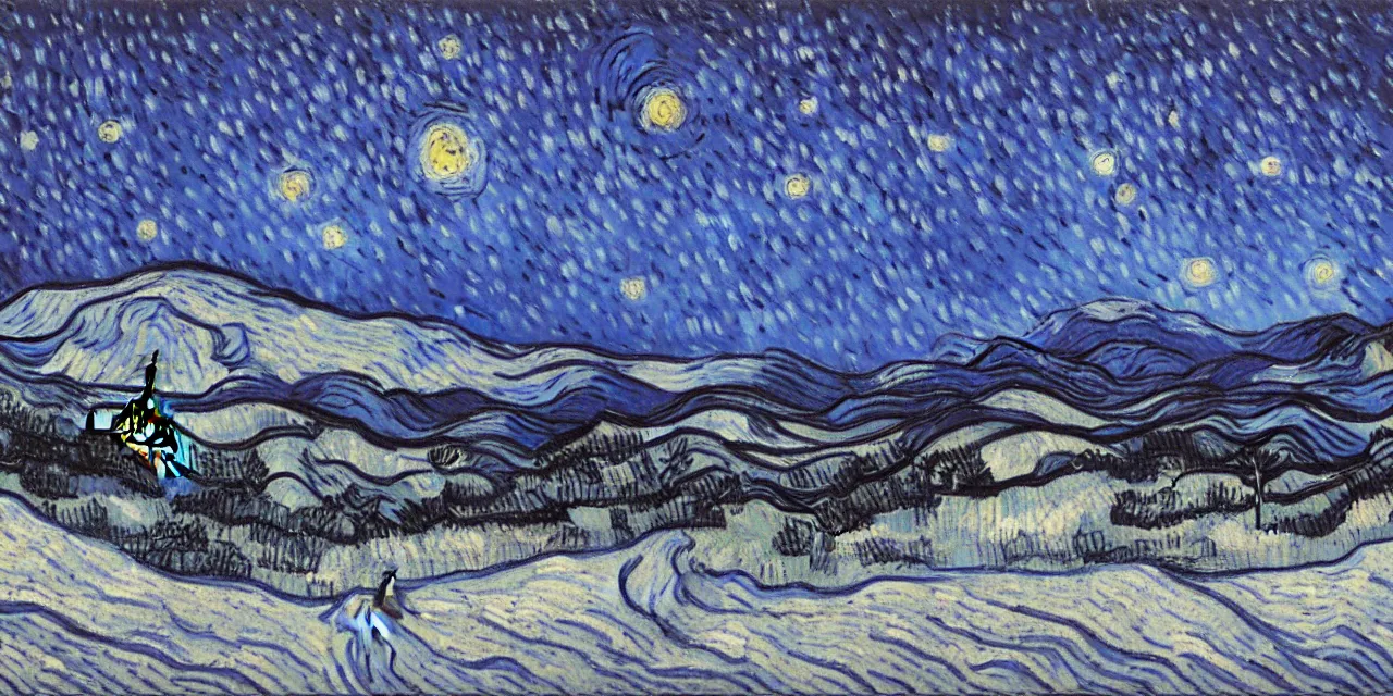 Image similar to thick impasto textured monochrome oil painting of the laurentian appalachian mountains in winter by vincent van gogh, unique, original and creative landscape, snowy night, distant town lights, aurora borealis, deers and ravens, footsteps in the snow, brilliant composition