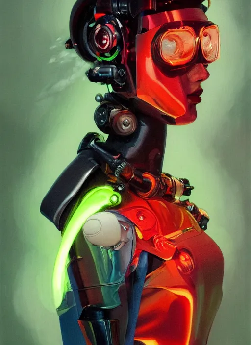 Prompt: symmetry!!! closeup portrait of a cyborg vape girl, fashion mechanic jumpsuit with shiny shoulder pads, cinematic light, windy, red green, volumetric smoke, mist, by gerald brom, by mikhail vrubel, by peter elson, muted colors, extreme detail, trending on artstation, 8 k