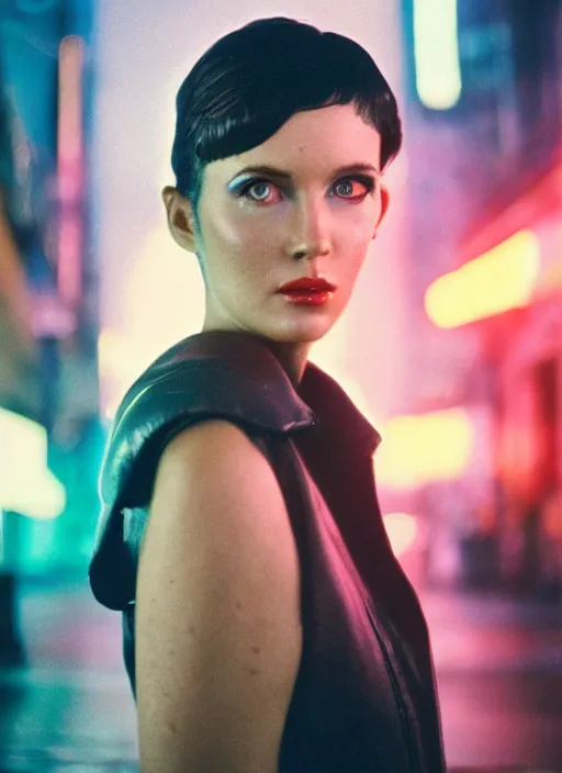 Image similar to A hyper realistic and detailed head portrait photography of a Rachael of Blade Runner on a futuristic street. by David Dubnitskiy. Neo noir style. Cinematic. neon lights glow in the background. Cinestill 800T film. Lens flare. Helios 44m