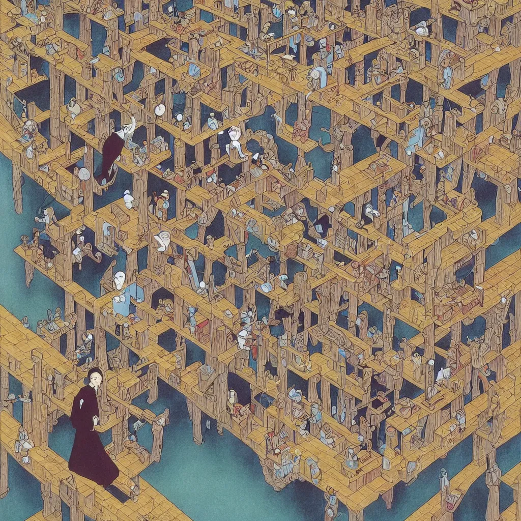 Image similar to last selfie on earth drawed by M. C. Escher colored by Hayao Miyazaki