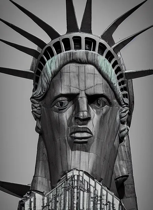 Image similar to giant monster with the face of the statue of liberty walking between buildings