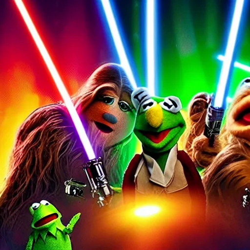 Image similar to muppets in a star wars movie scene, laser , explosions, movie stage setup, 8k