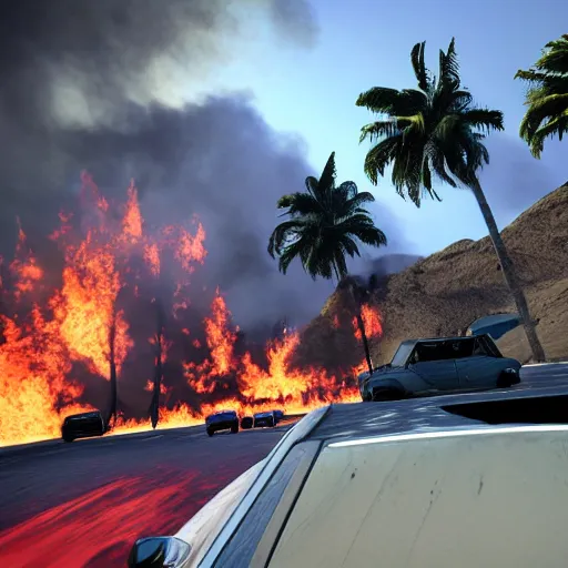 Image similar to far cry car leaking black tar chaotic intensive apocalyptic adrenaline anger oil black tar landscape wasteland miami desert on fire landscape natural disasters sunset palm trees landscape on fire unreal engine fallout style james gurney, henry moore style