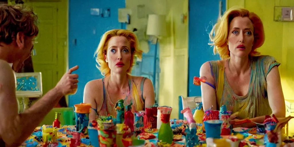 Image similar to a scene from a quirky, bright and cheerful post - apocalyptic movie, starring gillian anderson that fights the dread by decorating the world with kitchy party decorations by director wes andersson and, blue - ray screenshot, filmed by roger deakins