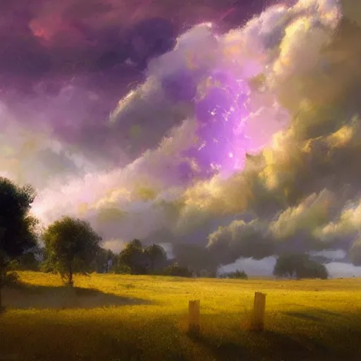 Image similar to scary purple clouds, illuminated by the sun, over a field, beautiful, eerie, craig mullins