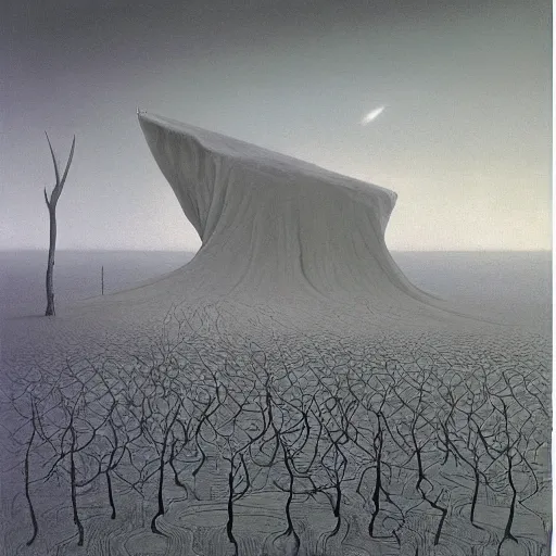 Prompt: camp by Zdzisław Beksiński, oil on canvas