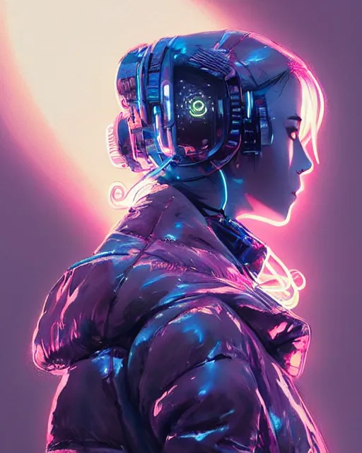 Image similar to detailed side profile portrait Neon Operator Girl, cyberpunk futuristic neon, reflective puffy coat, decorated with traditional Japanese ornaments by Ismail inceoglu dragan bibin hans thoma greg rutkowski Alexandros Pyromallis Nekro Rene Maritte Illustrated, Perfect face, fine details, realistic shaded, fine-face, pretty face