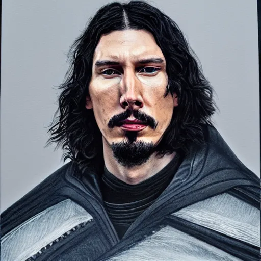 Image similar to adam driver as commander of the nights watch, incredibly detailed oil painting, high octane, trending on artstation, incredible fineline, regal, fine art museum piece, drum scanner