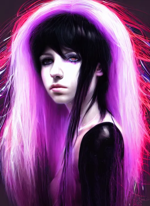 Image similar to hair whitebangs hair, black cyberlox, portrait of teenage girl with white bangs, whitebangsblackhair, messy bangs, cyberlox, whitebangs, red irises, purple clothes, intricate, elegant, glowing lights, highly detailed, digital painting, artstation, concept art, sharp focus, illustration, art by wlop, mars ravelo and greg rutkowski