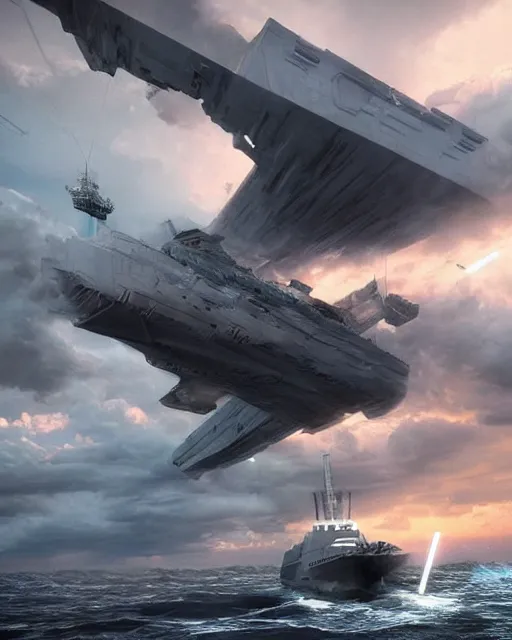 Image similar to scifi action scene of a fishing boat on stormy seas, a gigantic star destroyer spaceship flying overhead, the gigantic star destroyer spaceship is emerging from storm clouds, sunset lighting, stormy weather, dramatic lighting, unreal engine, hyper realism, realistic shading, cinematic composition, realistic render, octane render, detailed textures, photorealistic, ultrawide shot, 1 6 mm lens