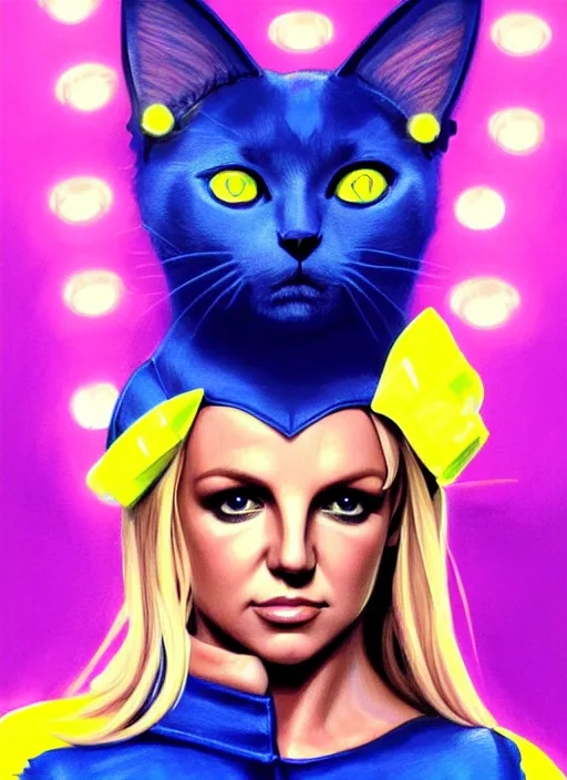 Image similar to britney spears in blue and yellow cat costume, cat ears, intricate, elegant, glowing lights, highly detailed, digital painting, artstation, glamor pose, concept art, smooth, sharp focus, illustration, art by artgerm and greg rutkowski, artey freytag