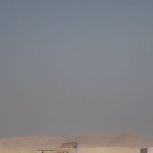 Prompt: massive concrete building, in the desert seen through a sandstorm, neon lights, james turrel, minimalist architecture,