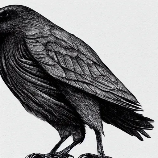 Image similar to detailed crow illustration, full body, dark fantasy, black ink on white paper, sketched 4k