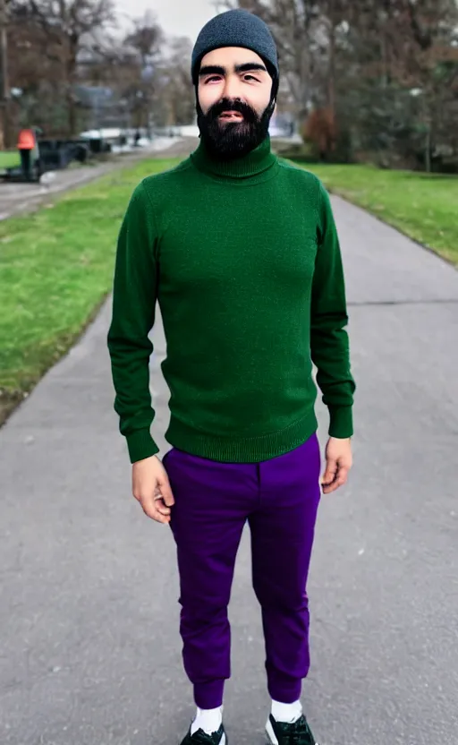 Prompt: a young man with a chin - style dark brown beard without mustache in a dark black cap, green turtleneck, purple pants and super white sneakers in full height, perfect smooth face