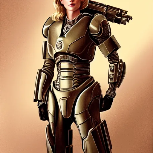 Image similar to A combination of Grace Kelly's and Emma Watson's and Ashley Greene's appearances with blonde hair wearing Master Chief's armor, full body portrait, western, D&D, fantasy, intricate, elegant, highly detailed, digital painting, artstation, concept art, matte, sharp focus, illustration, art by Donato Giancola and James Gurney