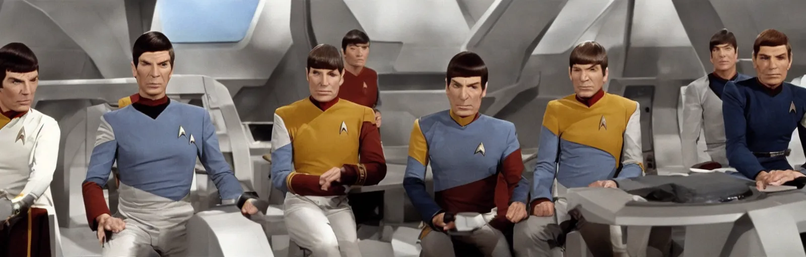 Image similar to a screencap of captain kirk, mr. spock and doctor mccoy on the bridge of the enteprise, in star trek the original series